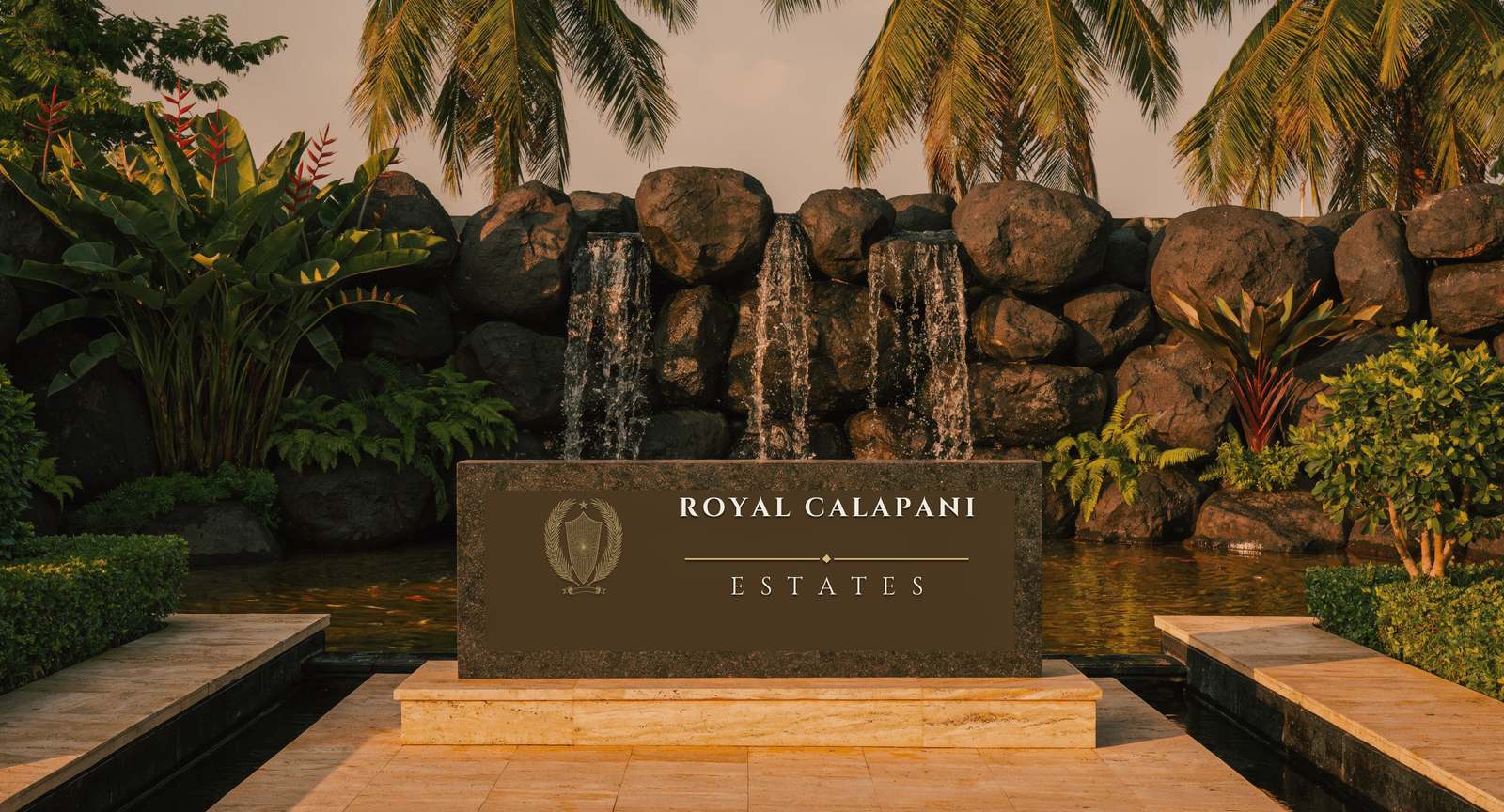 Artist's impression of the estate entrance in the afternoon, water falling over
                  stacked boulders behind the name stone.