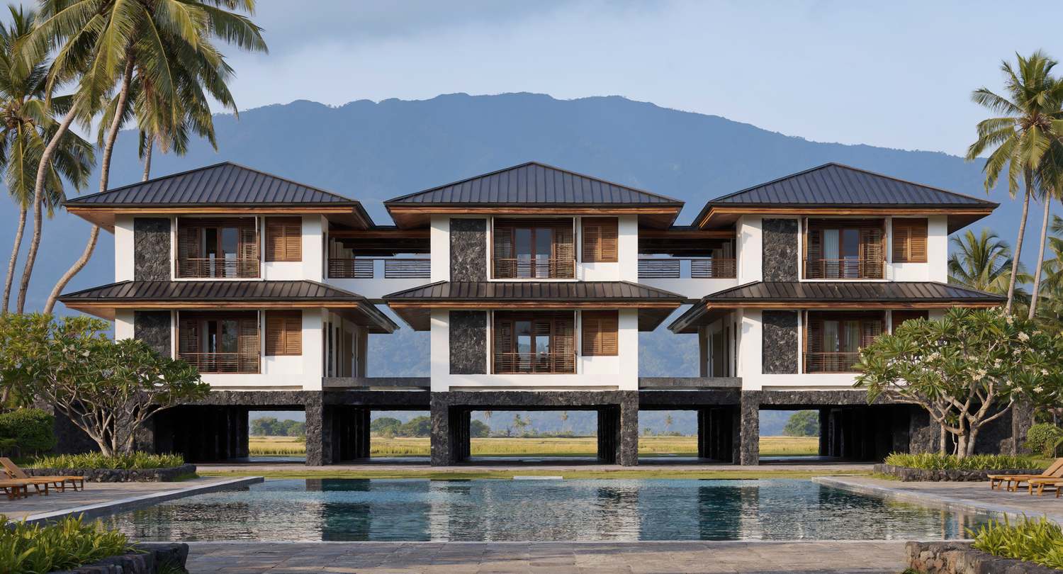 Artist's impression of the resort: three pavilions on dark stone piers
                  behind an infinity pool, with rice fields showing through the open pier
                  level.